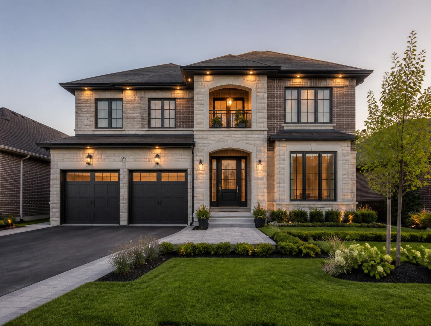 Newly built detached home in Waterloo Region at dusk